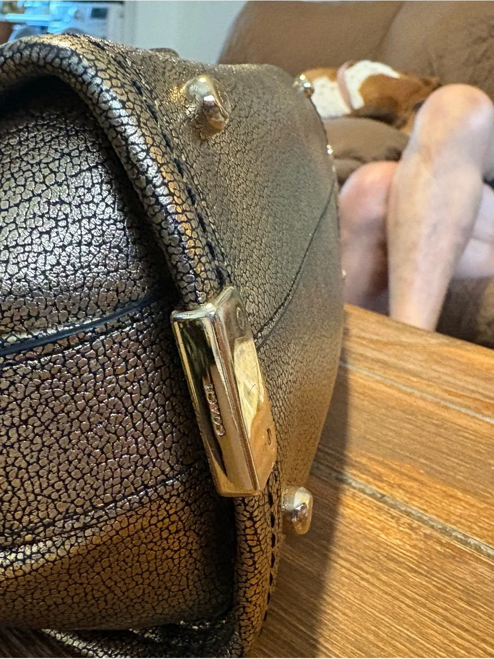 Coach Metallic Gold Pebble Leather Satchel with Turn-Lock